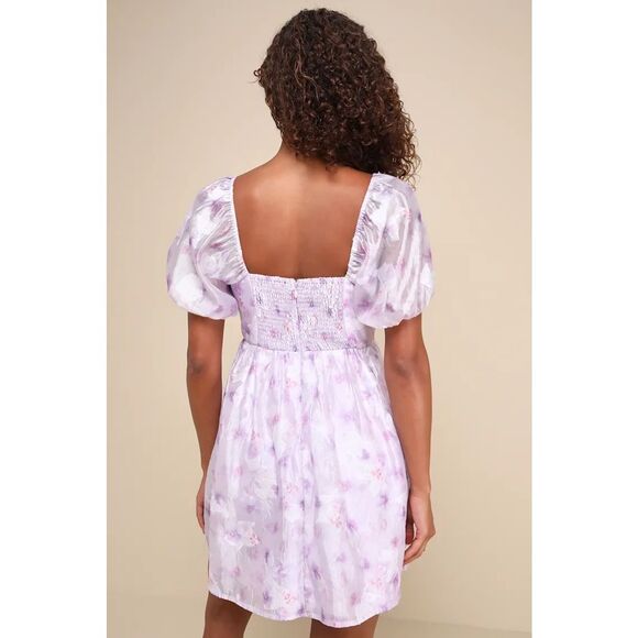 Lulus Darling Behavior Lavender Floral Burnout Puff Sleeve Mini Dress Size S NWT - Picture 2 of 14
